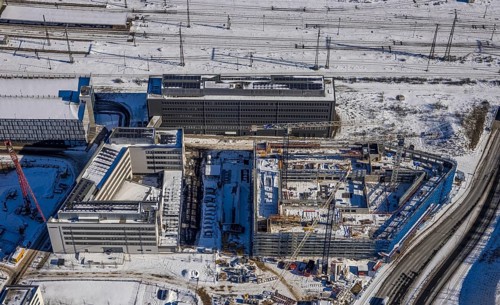 Aerial view, construction site new building Quartier 1 Wuhanstrasse, State Office for Nature