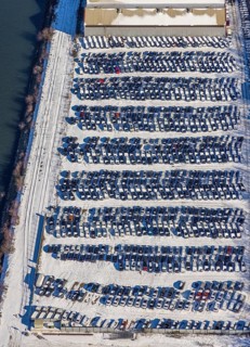Aerial photo, car warehouse Salloum Logistics, Pontwert, Ruhrort, Duisburg, Ruhr area, North