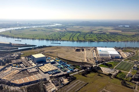 Aerial view, Logport 6, Duisport, near coal-fired power station Steak Walsum, Rhine, Alt-Walsum,