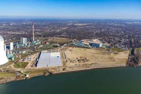 Aerial view, Logport 6, Duisport, near coal-fired power station Steak Walsum, Rhine, Alt-Walsum,