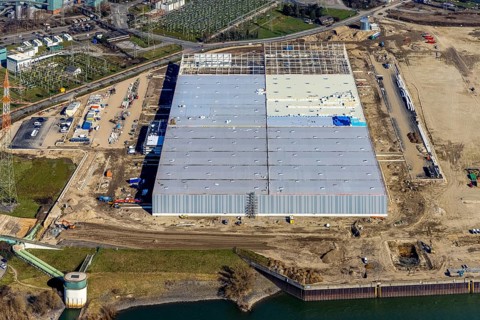 Aerial view, Logport 6, Duisport, near coal-fired power station Steak Walsum, Rhine, Alt-Walsum,