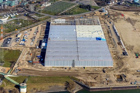 Aerial view, Logport 6, Duisport, near Steak Walsum coal-fired power station, Rhine, Alt-Walsum,