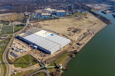 Aerial view, Logport 6, Duisport, near coal-fired power station Steak Walsum, Rhine, Alt-Walsum,