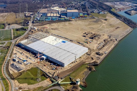 Aerial view, Logport 6, Duisport, near coal-fired power station Steak Walsum, Rhine, Alt-Walsum,