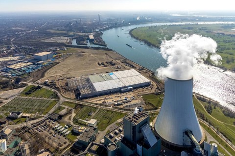 Aerial view, Logport 6, Duisport, near coal-fired power station Steak Walsum, Rhine, Alt-Walsum,