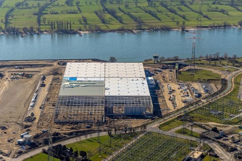 Aerial view, Logport 6, Duisport, near coal-fired power station Steak Walsum, Rhine, Alt-Walsum,