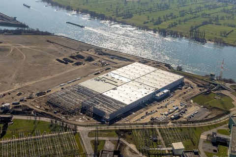 Aerial view, Logport 6, Duisport, near coal-fired power station Steak Walsum, Rhine, Alt-Walsum,