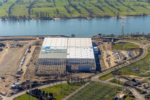 Aerial view, Logport 6, Duisport, near coal-fired power station Steak Walsum, Rhine, Alt-Walsum,