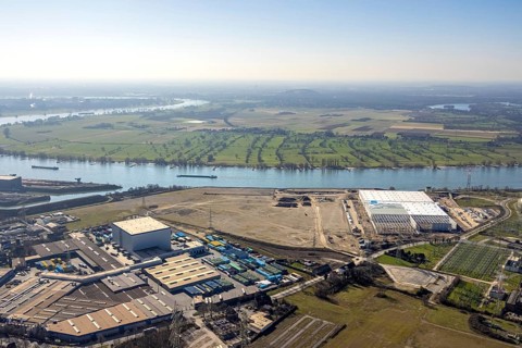 Aerial view, Logport 6, Duisport, near coal-fired power station Steak Walsum, Rhine, Alt-Walsum,