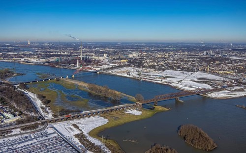 Aerial view, Rheinhausen bridge tower with Hochfeld railway bridge, Rhine river, demolition of wire