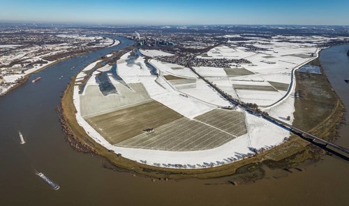 Aerial view, river Rhine, Rheinaue Ehingen with view of Mündelheim, Krefeld-Uerdingen bridge,