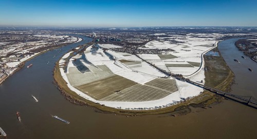 Aerial view, river Rhine, Rheinaue Ehingen with view of Mündelheim, Krefeld-Uerdingen bridge,