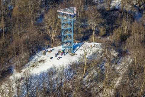 Aerial view, Sechs-Seen-Platte, sledging at the Haubachwald observation tower, Wedau, Duisburg,