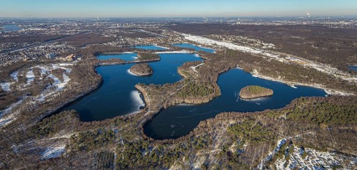 Aerial view, Sechs-Seen-Platte, Rahm, Duisburg, Ruhr area, North Rhine-Westphalia, Germany, DE,