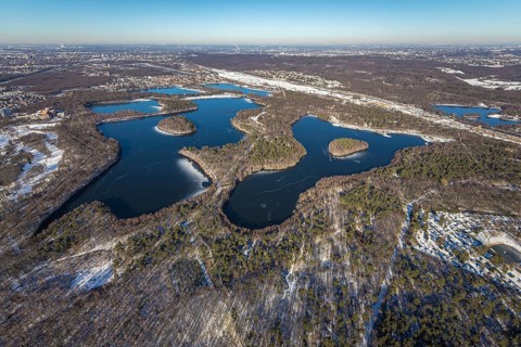 Aerial view, Sechs-Seen-Platte, Wedau, Duisburg, Ruhr area, North Rhine-Westphalia, Germany, DE,