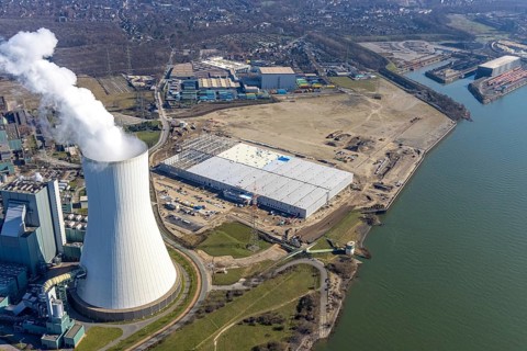 Aerial view, Logport 6, Duisport, near coal-fired power station Steak Walsum, Rhine, Alt-Walsum,