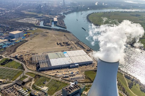Aerial view, Logport 6, Duisport, near coal-fired power station Steak Walsum, Rhine, Alt-Walsum,