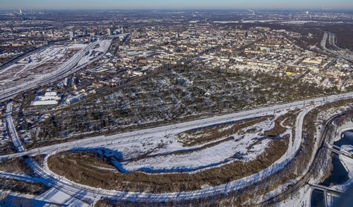 Aerial view, local view cemetery Sternbuschweg and with main station in the background, Neudorf,
