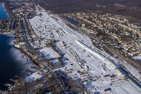 Aerial view, former Wedau marshalling yard, water tower, planned new Duisburg residential quarter,
