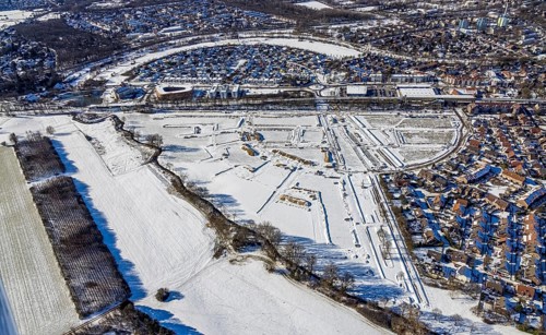 Aerial view, new housing estate Angerbogen, Am Alten Angerbach, construction area planned