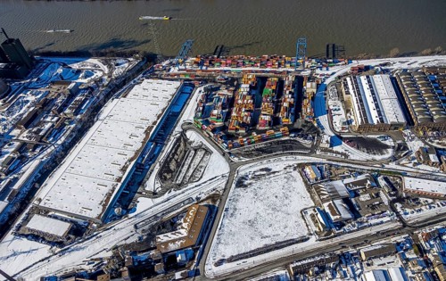Aerial view, Logport II, warehouse and goods handling, river Rhine, Wanheim-Angerhausen, Duisburg,