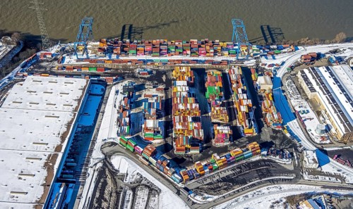 Aerial view, Logport II, warehouse and goods handling, river Rhine, Wanheim-Angerhausen, Duisburg,