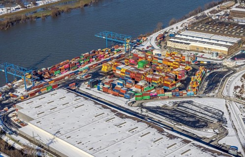 Aerial view, Logport II, warehouse and cargo handling, river Rhine, Tiger & Turtle artwork,