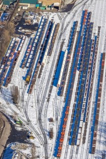 Aerial view, thyssenkrupp steel railway tracks, goods trains, Hüttenheim, Duisburg, Ruhr area,