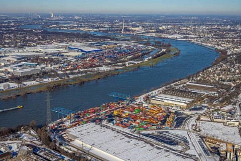 Aerial view, Logport II, warehouse and goods handling, river Rhine, Hüttenheim, Duisburg, Ruhr