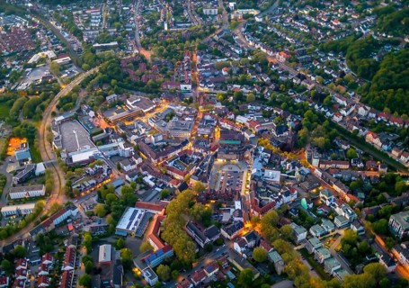 Aerial view, city centre and old town market with catholic church St. Lambertus, Castrop-Rauxel,