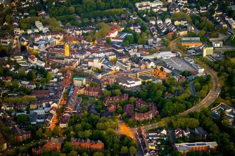Aerial view, city centre and old town market with catholic church St. Lambertus, Castroperholz,