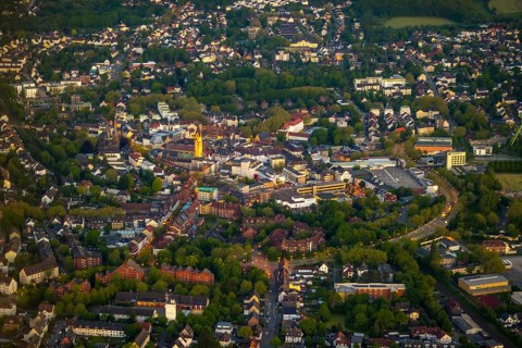 Aerial view, city centre and old town market with catholic church St. Lambertus, Castroperholz,