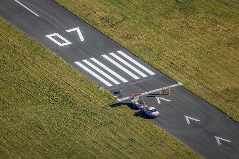 Aerial photograph, marking work on the runway at Brilon-Thülen airfield in the Thülen district of