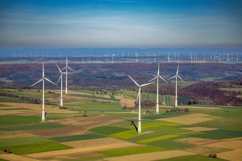 Aerial view, distant view and wind farm in Brilon, Sauerland, North Rhine-Westphalia, Germany,