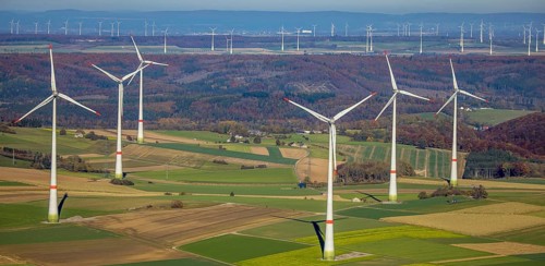 Aerial view, distant view and wind farm in Brilon, Sauerland, North Rhine-Westphalia, Germany,