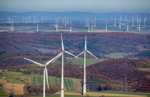 Aerial view, distant view and wind farm in Brilon, Sauerland, North Rhine-Westphalia, Germany,