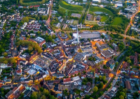 Aerial view, city centre and old town market with catholic church St. Lambertus, Rauxel,