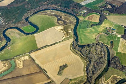 Aerial view, Lippe reorganisation, river Lippe, renaturation, new Lippe meanders, restoration of