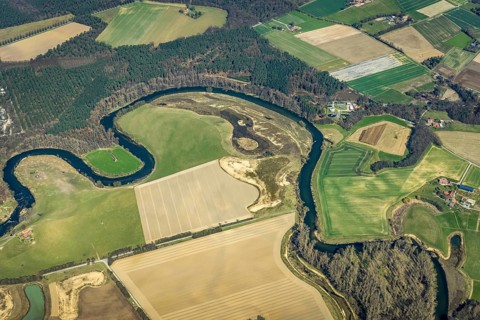 Aerial view, Lippe reorganisation, river Lippe, renaturation, new Lippe meanders, restoration of