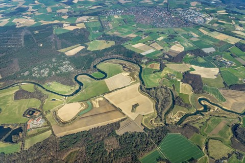 Aerial view, Lippe reorganisation, river Lippe, renaturation, new Lippe meanders, restoration of