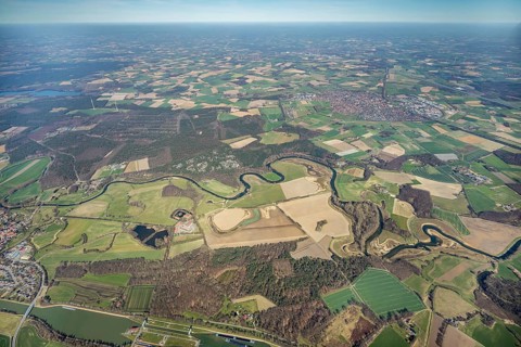Aerial view, Lippe reorganisation, river Lippe, renaturation, new Lippe meanders, restoration of