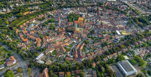 Aerial view, old town and green old town ring with catholic St. Lamberti church at the market