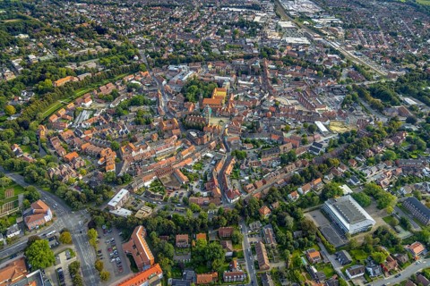 Aerial view, old town and green old town ring with catholic St. Lamberti church at the market