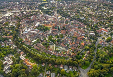 Aerial view, old town and green old town ring with catholic St. Lamberti church at the market