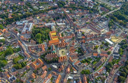 Aerial view, old town and green old town ring with catholic St. Lamberti church at the market