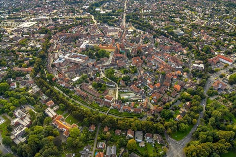 Aerial view, old town and green old town ring with catholic St. Lamberti church at the market