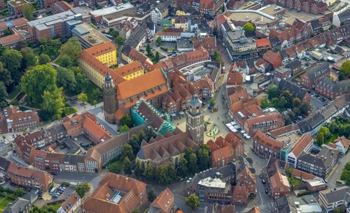 Aerial view, old town and green old town ring with catholic St. Lamberti church at the market