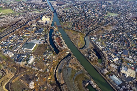 Aerial view, The water cross Castrop-Rauxel with crossing of Emscher and Rhine-Herne-Canal in the