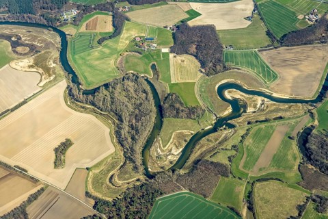 Aerial view, Lippe reorganisation, river Lippe, renaturation, new Lippe meanders, restoration of