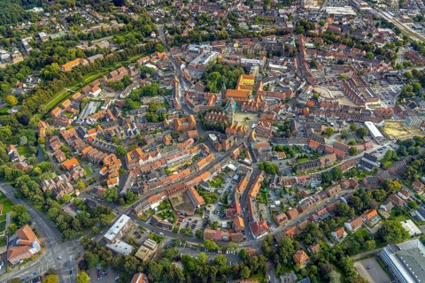 Aerial view, old town and green old town ring with catholic St. Lamberti church at the market